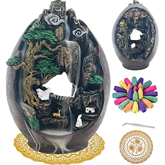 Resin Incense Waterfall Burner, with 50 Cones, Tweezers, Mat