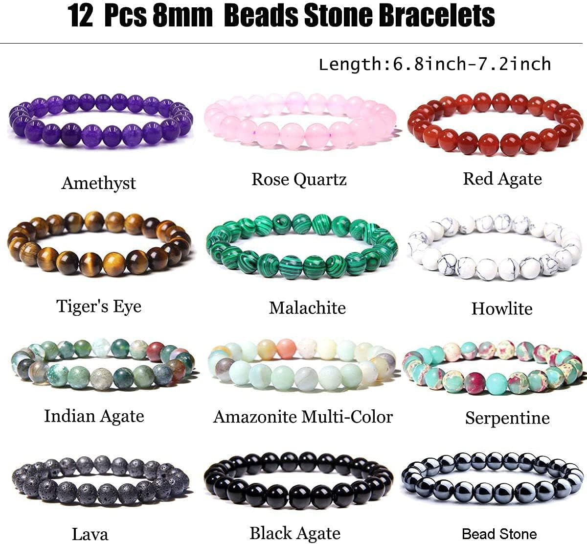 12PCS 8mm  Crystal Reiki Healing Bracelet