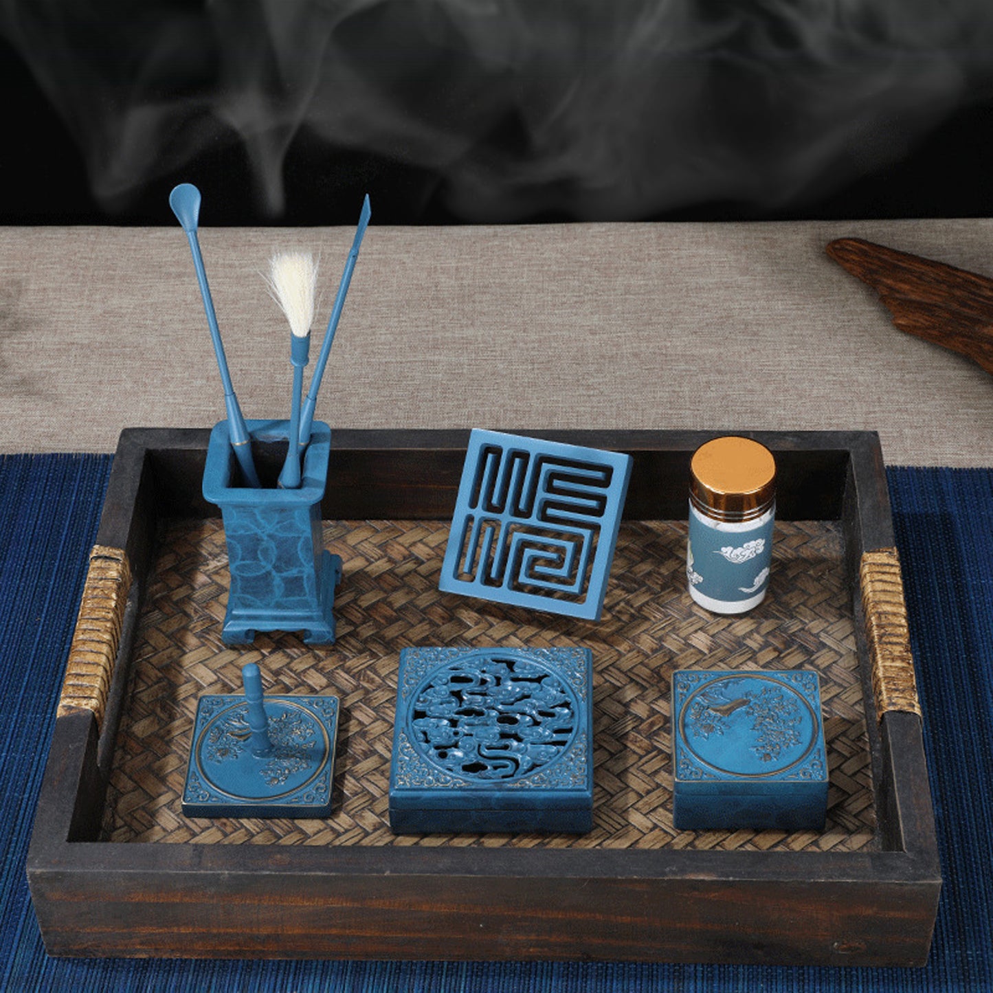 Blue Incense Holder Set with Auspicious Clouds Like Brocade