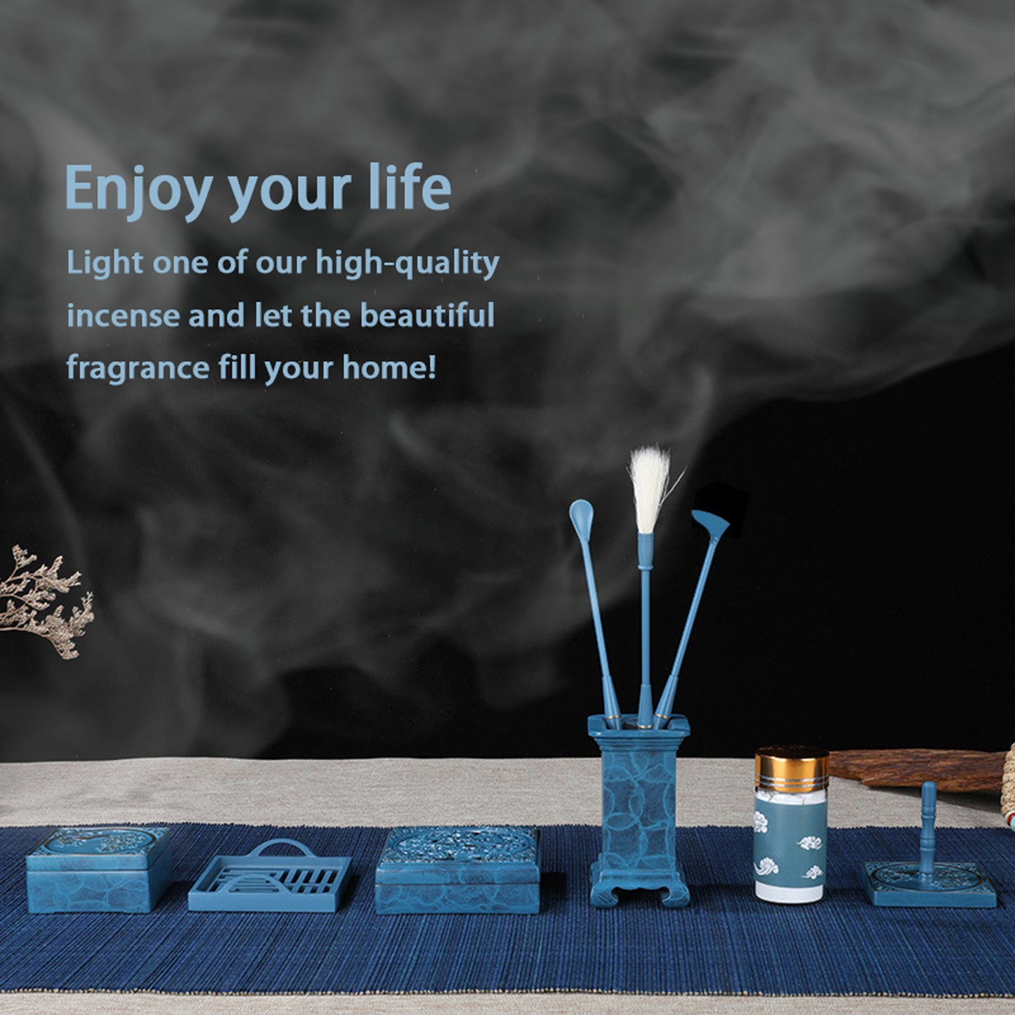 Blue Incense Holder Set with Auspicious Clouds Like Brocade