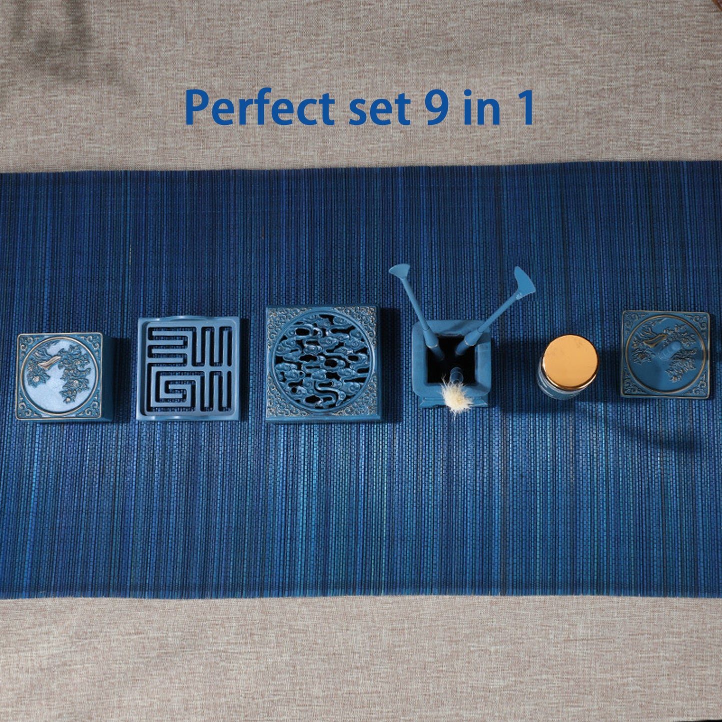 Blue Incense Holder Set with Auspicious Clouds Like Brocade
