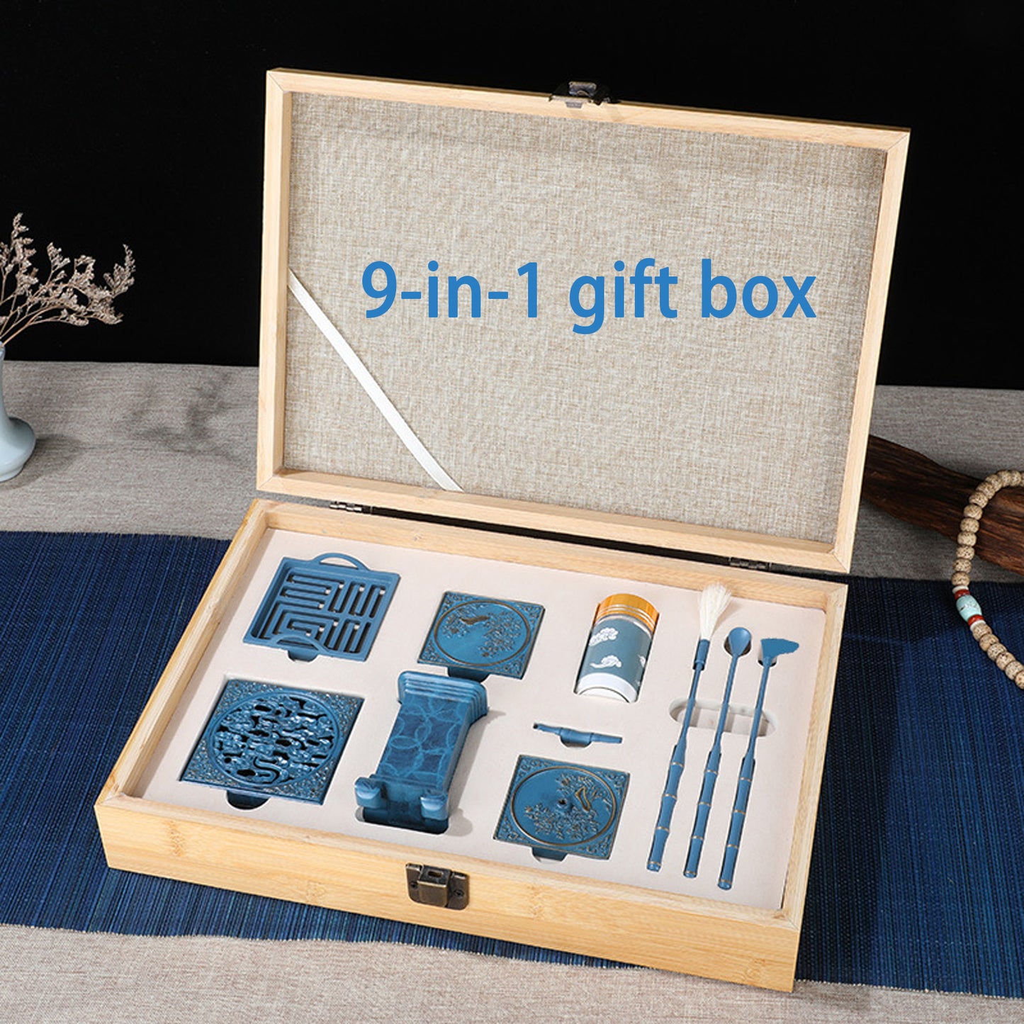 Blue Incense Holder Set with Auspicious Clouds Like Brocade