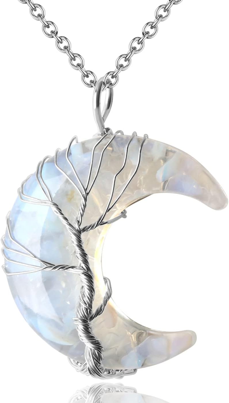 Healing Crystal Necklace, Tree Life Wire Wrapped Crescent Moon