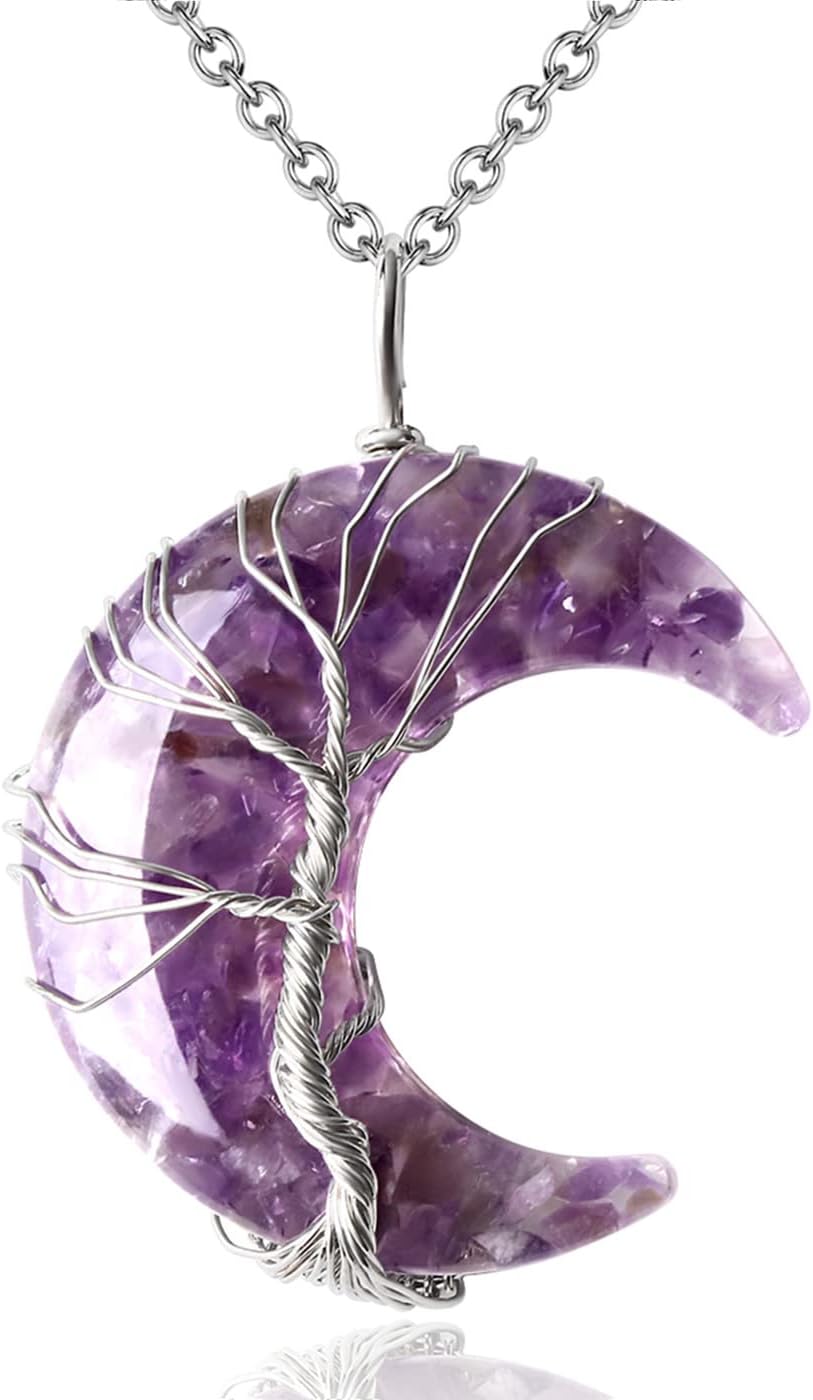 Healing Crystal Necklace, Tree Life Wire Wrapped Crescent Moon