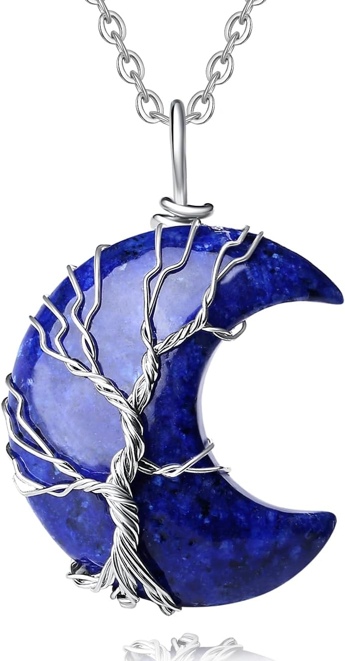 Healing Crystal Necklace, Tree Life Wire Wrapped Crescent Moon