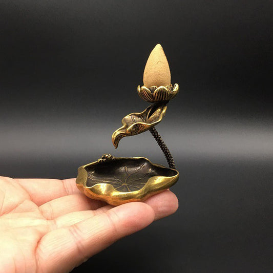 Vintage Brass Lotus Frog Waterfall Incense Burner