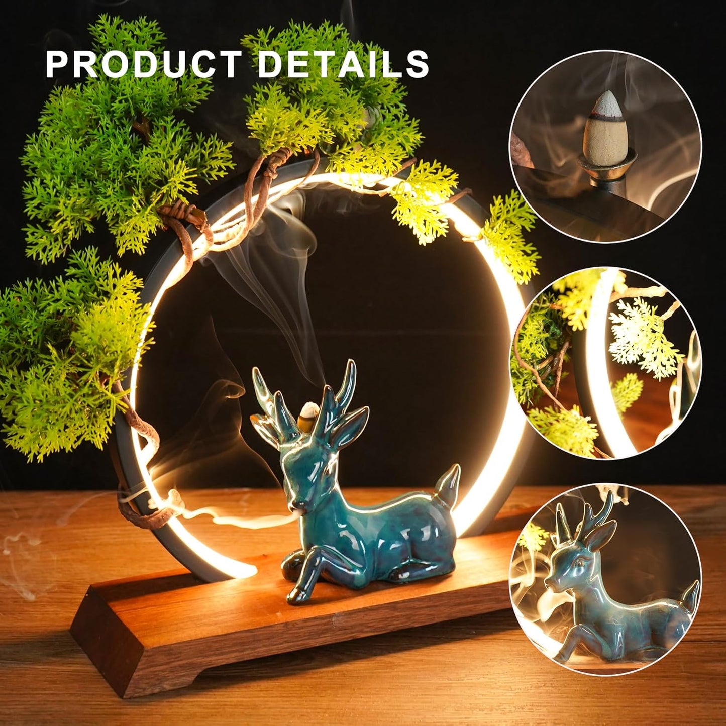 Backflow Incense Holder with LED Light Ring Ceramic