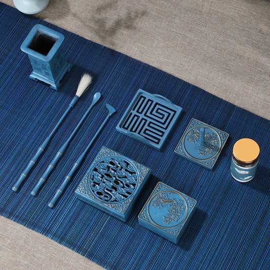 Blue Incense Holder Set with Auspicious Clouds Like Brocade